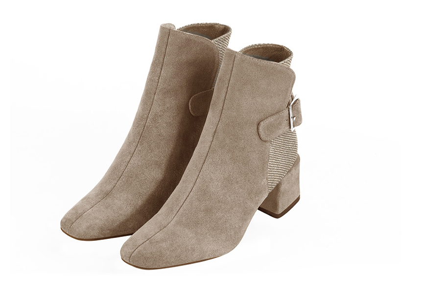Tan beige women's ankle boots with buckles at the back. Square toe. Medium block heels. Front view - Florence KOOIJMAN